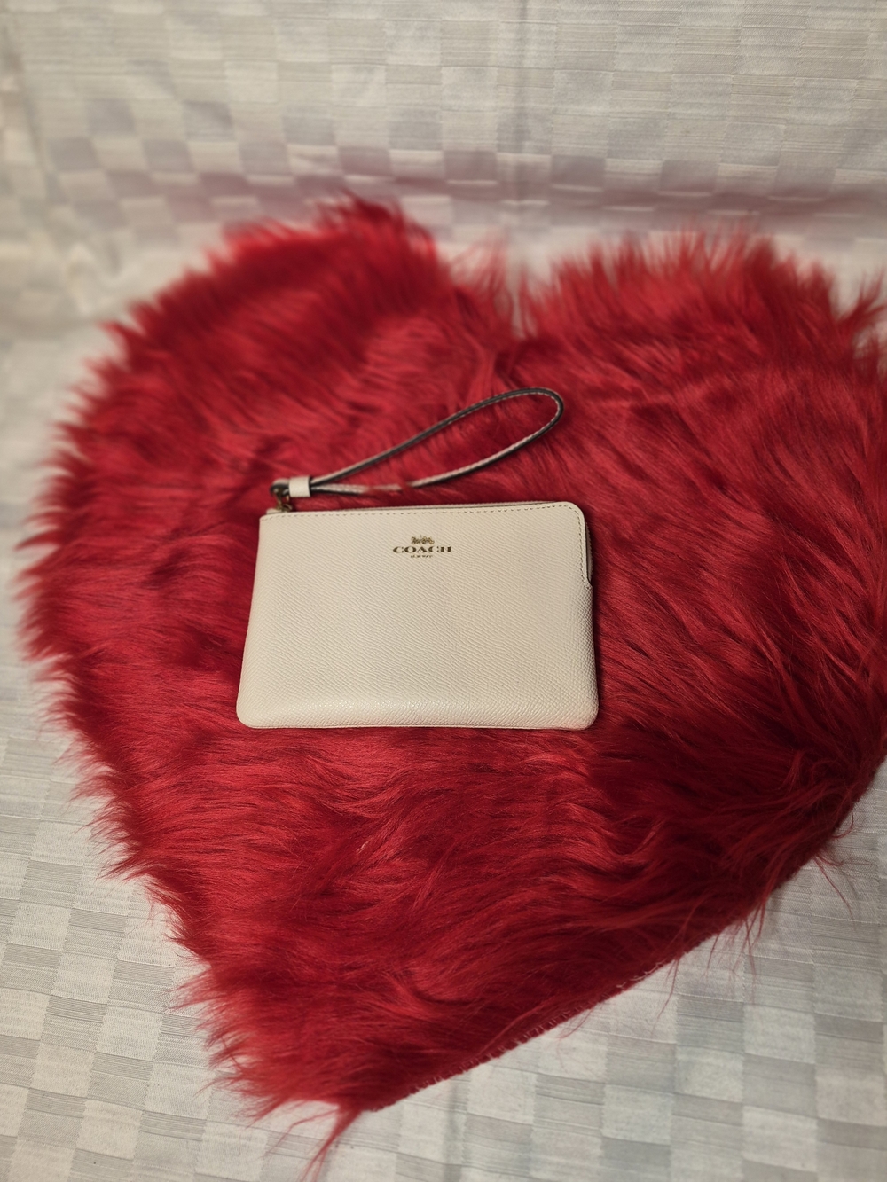 COACH Cream Pebbled Leather Wristlet with Gold Logo
